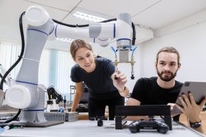 automation machine engineer students study and inspection control robot arm machine.